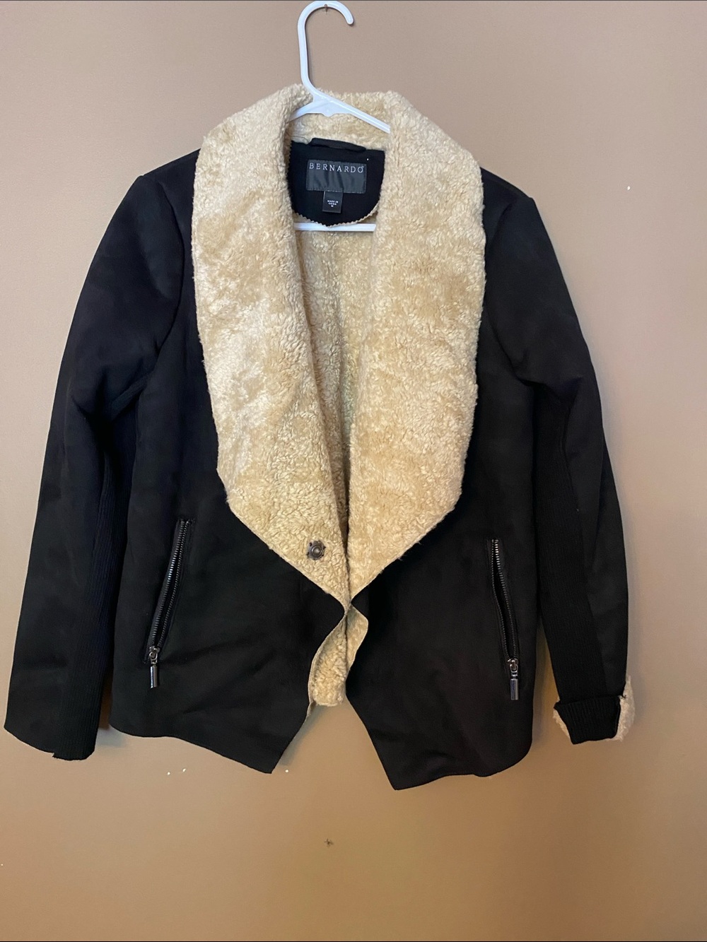 Bernardo Black Faux-Suede Jacket with Cream Sherpa Collar